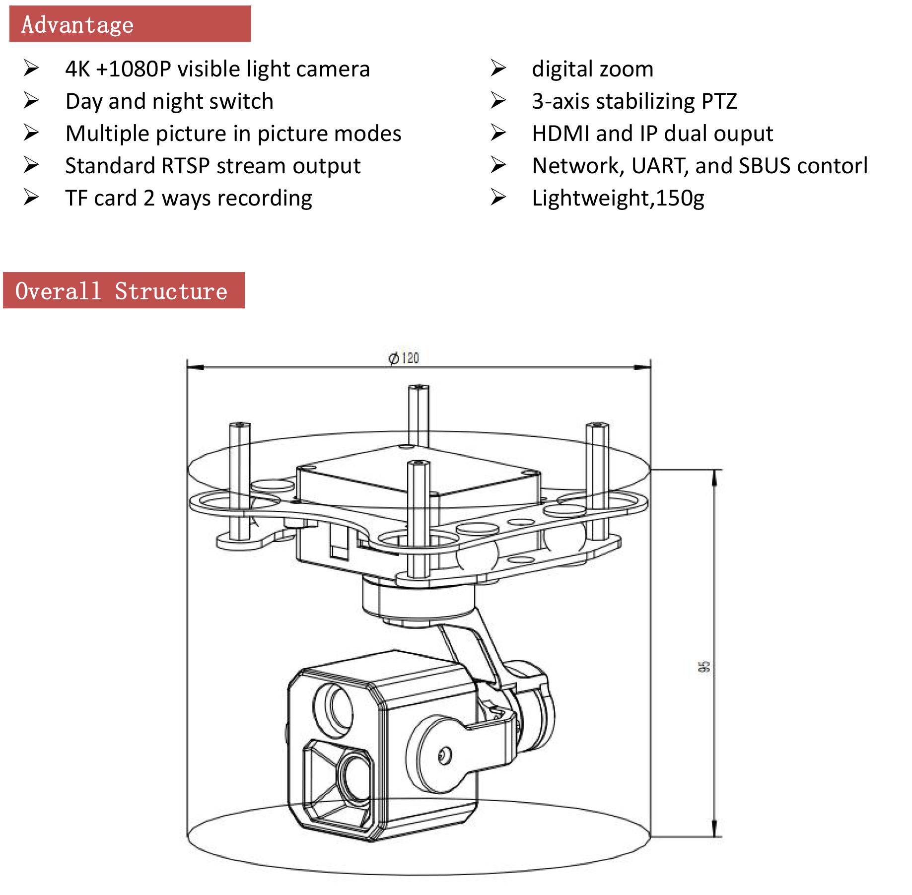 TOPOTEK KHP415S90 Dual Light Drone Gimbal, Enhanced image quality and versatility with unique dual-light design and 7x/9x digital zoom.