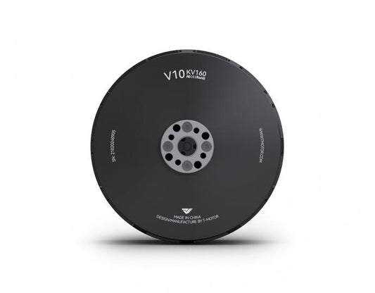T-Motor V10 KV160 brushless motor top view with round black housing and central multi-hole mounting hub