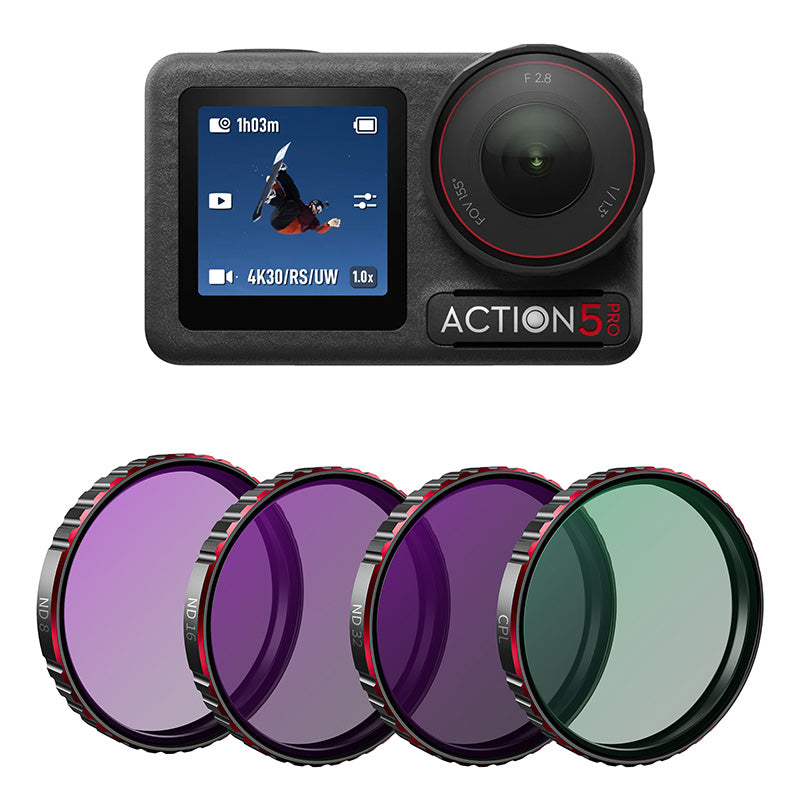 STARTRC Camera Lens Filter, Action 5 Pro camera includes CPL and ND8, ND16, ND32 filters; features optical glass and a snap-on aluminum frame for enhanced image quality and durability.