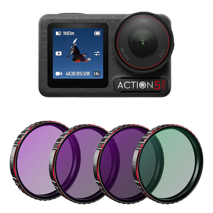 STARTRC Camera Lens Filter, Action 5 Pro camera includes CPL and ND8, ND16, ND32 filters; features optical glass and a snap-on aluminum frame for enhanced image quality and durability.