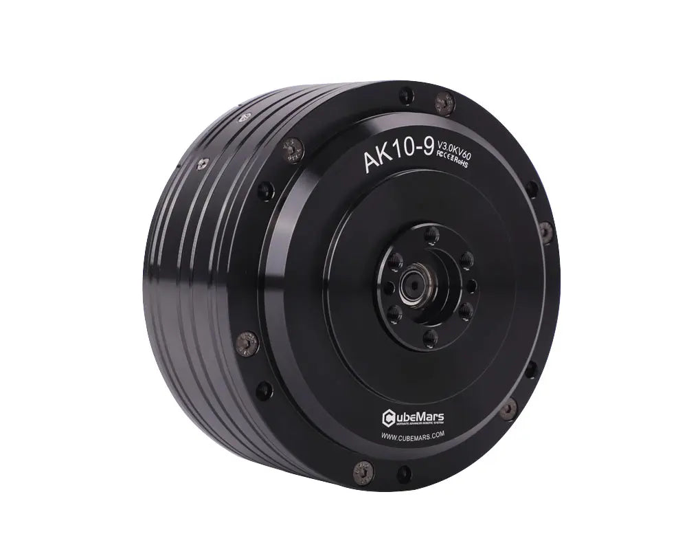 CubeMars AK10-9 V3.0 actuator delivers 53Nm torque, KV60, dual encoder, and 48V FOC control.