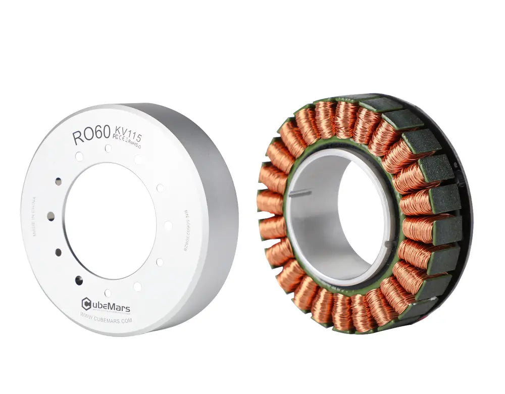 CubeMars RO60 KV115 frameless outrunner torque motor, 48V, 0.8Nm, with hall and temperature sensors for cobot arms and robotics.