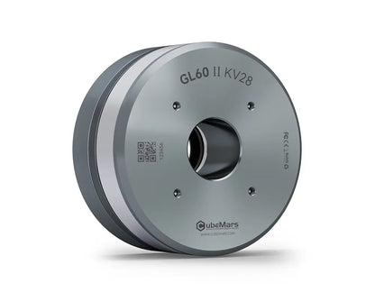 CubeMars GL60 II KV28 Gimbal Motor, CubeMars GL60 II KV28 gimbal motor features a hollow shaft, low cogging torque, and supports CAN/PWM control. QR code and website provided.