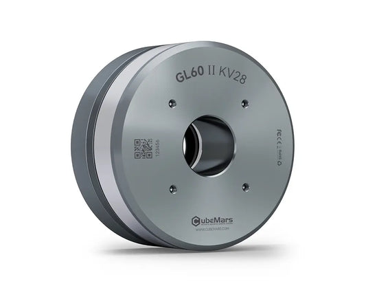CubeMars GL60 II KV28 Gimbal Motor, CubeMars GL60 II KV28 gimbal motor features a hollow shaft, low cogging torque, and supports CAN/PWM control. QR code and website provided.