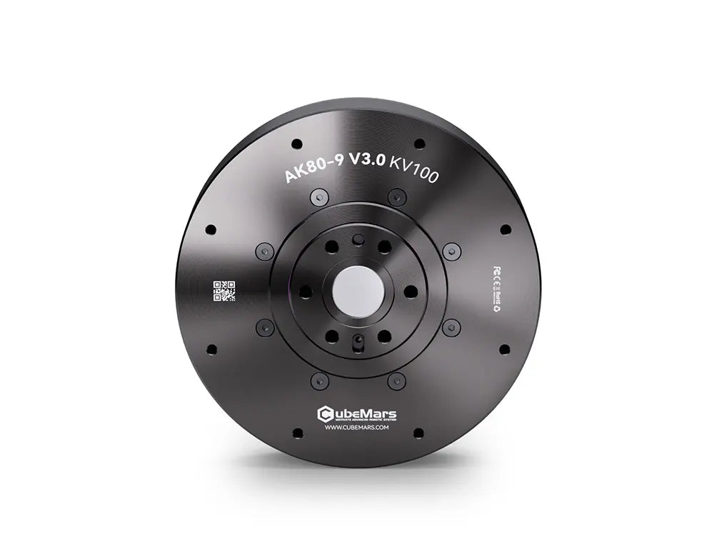 CubeMars AK80-9 V3.0 KV100 robotic actuator delivers 22Nm torque, 9:1 reduction, servo/MIT mode, 48V, 390RPM. Compact design with QR code and text labels.