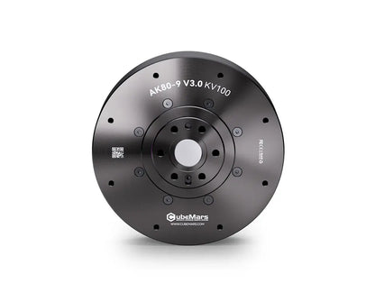 CubeMars AK80-9 V3.0 KV100 robotic actuator delivers 22Nm torque, 9:1 reduction, servo/MIT mode, 48V, 390RPM. Compact design with QR code and text labels.