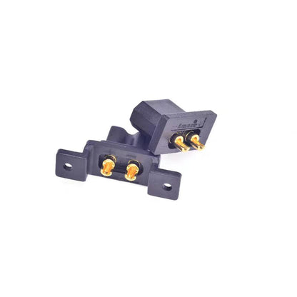 XT30G-M male plug connector with gold bullet pins and black panel-mount housing with screw tabs