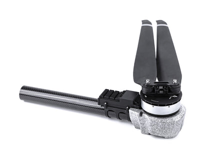 T-Motor drone arm assembly with carbon fiber tube, motor mount, and folding two-blade propeller