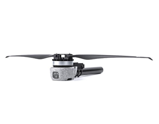 T-Motor drone motor assembly with black two-blade propeller mounted on a cylindrical arm bracket