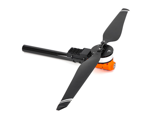 T-Motor drone motor with black two-blade propeller mounted on a carbon fiber arm and orange base
