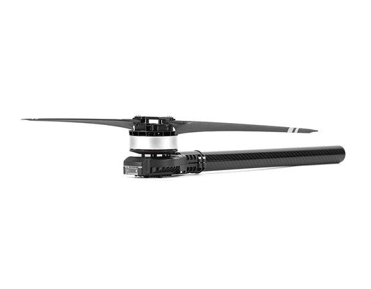 Side view of a T-Motor drone motor with two-blade propeller mounted on a carbon fiber arm
