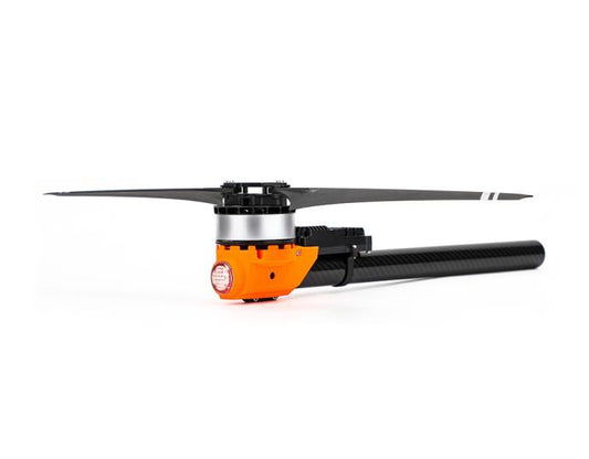 T-Motor drone motor and propeller assembly mounted on a carbon fiber arm with orange housing and front light