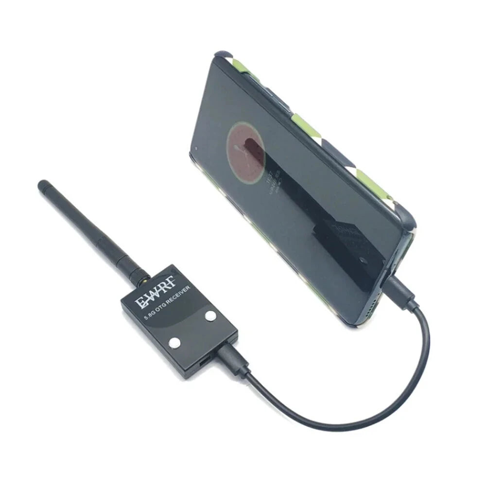 EWRF 5.8G OTG receiver connected to smartphone via USB for FPV viewing setup
