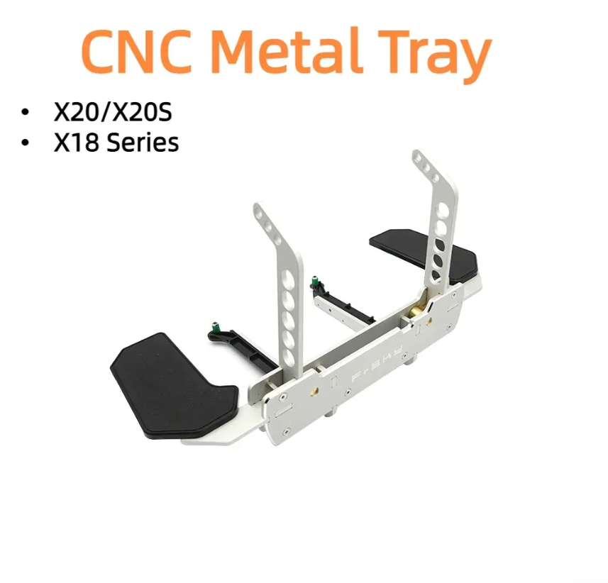 Compatibility graphic for FrSky CNC metal tray showing X20/X20S and X18 series support