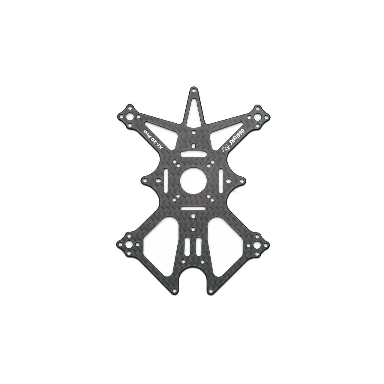 OddityRC XI20 Pro carbon fiber main frame plate with center cutouts and motor mount holes