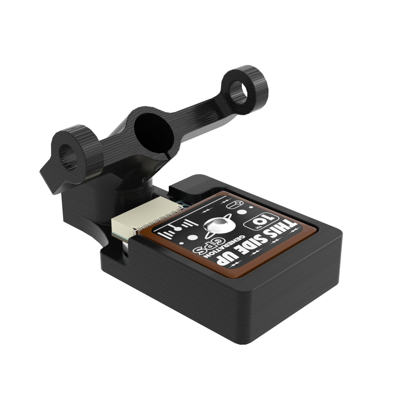 Flywoo FlyLens 75/85 GM10 Nano GPS, Flywoo GM10 Nano GPS module in a compact black mount, with "THIS SIDE UP" antenna label and connector