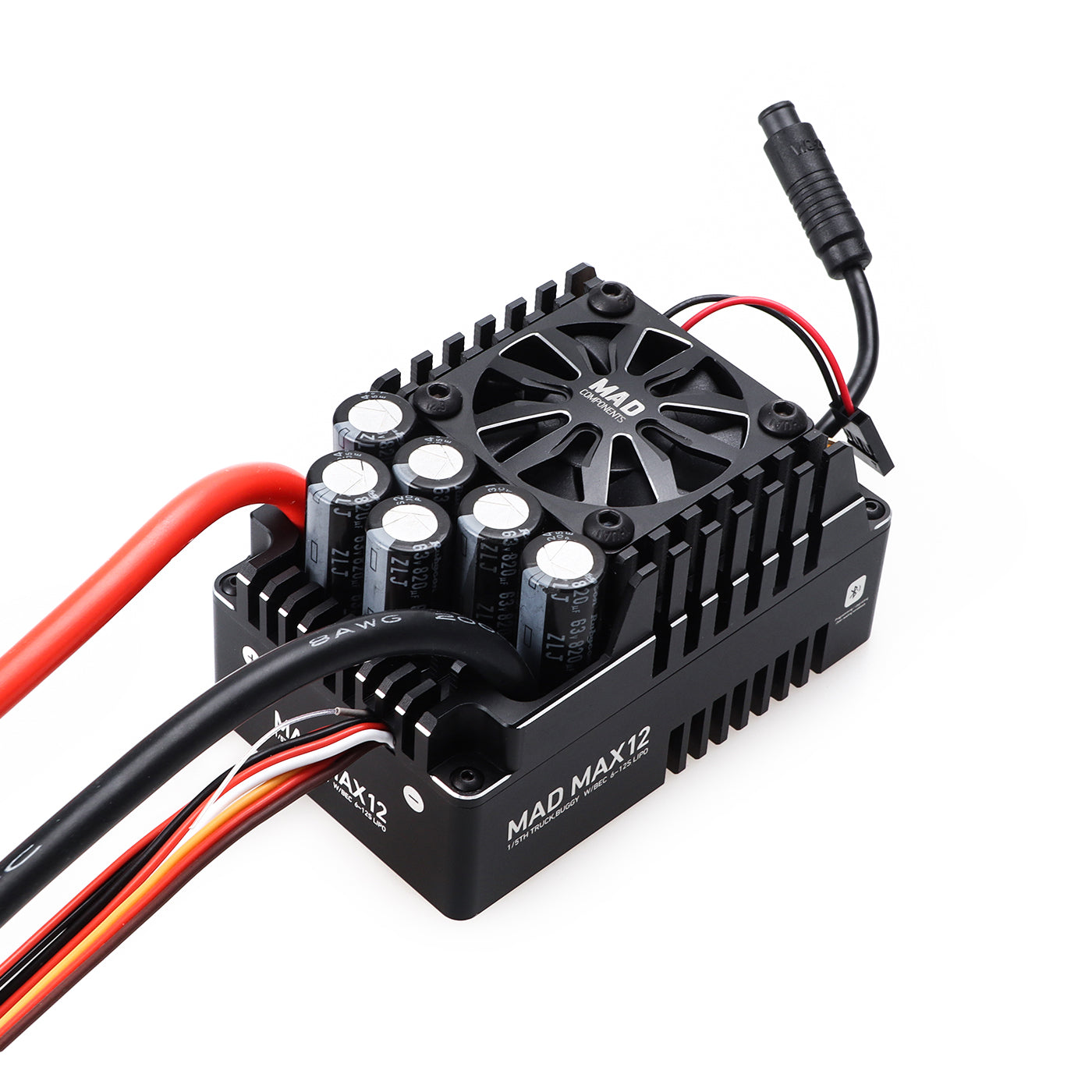 MAD MAX12 250A HV 6-12S Brushless Sensored ESC, MAD MAX12 brushless sensored ESC with cooling fan, heatsink case, capacitor bank, and heavy-gauge power leads