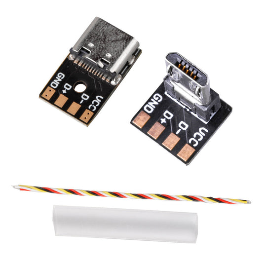 FLYWOO micro USB to USB‑C adapter boards with GND/D+/D-/VCC solder pads, plus wire and heat shrink