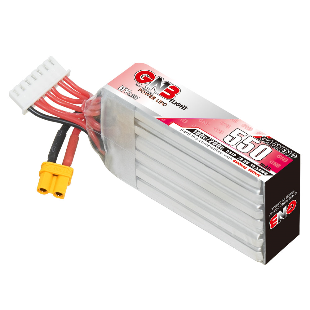 Single GNB 6S 550mAh LiHV 100C long-type LiPo battery with XT30 plug and balance lead