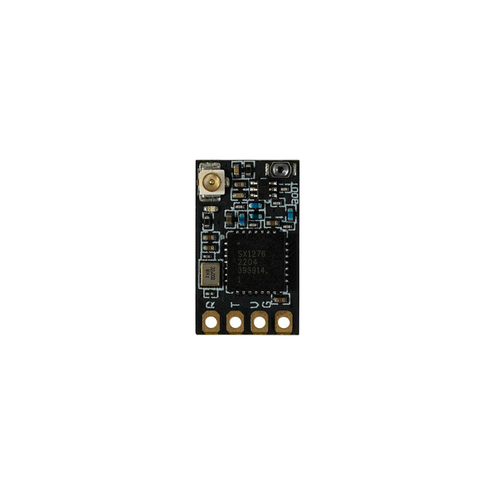 Foxeer ELRS 915/868MHz receiver module PCB with u.FL antenna connector, bind button, and R/T/V/G pads