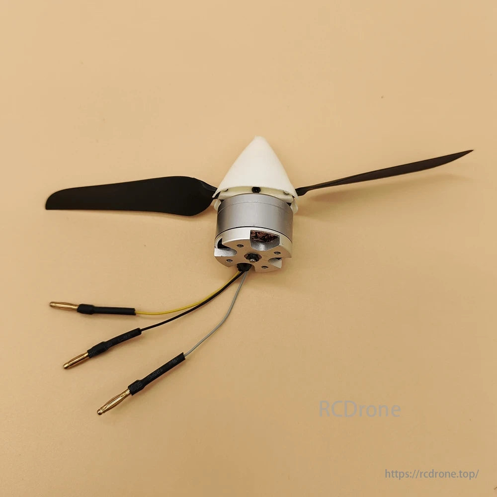 1806 2450KV 3S Brushless Motor, A durable DIY RC model aircraft designed with a 2mm shaft, 25mm spinner, and foldable prop for aerodynamic efficiency.