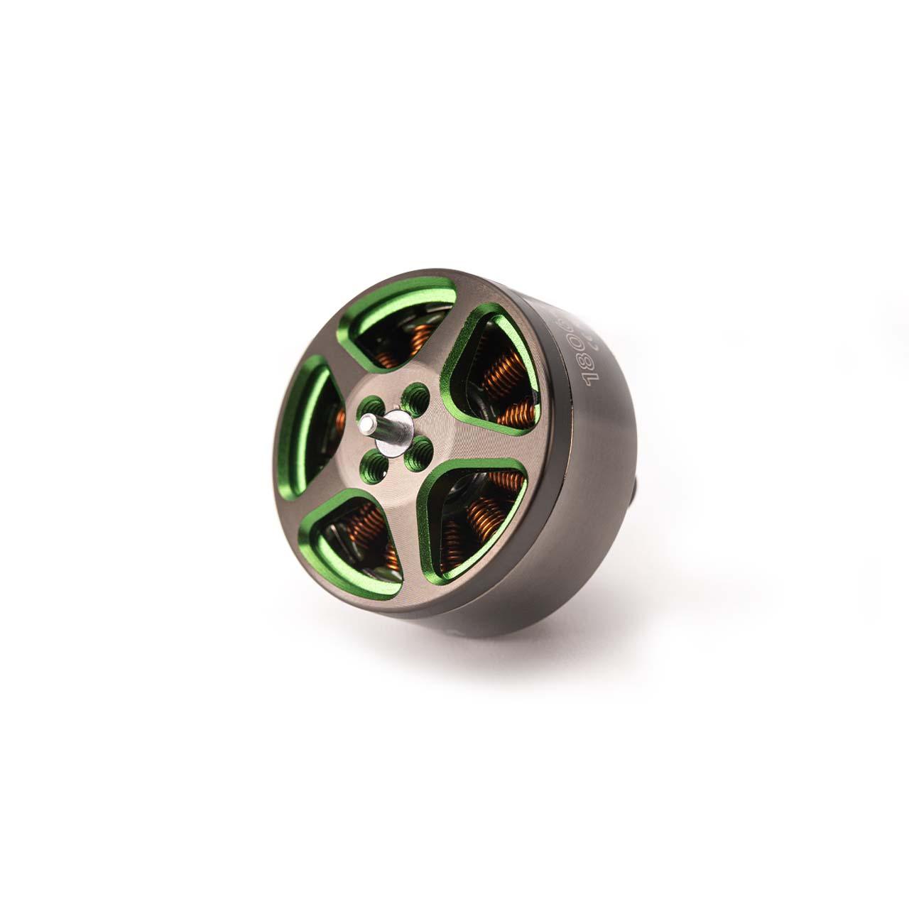 Top view of Stream 1806 motor bell with green 5‑spoke rotor and visible copper windings