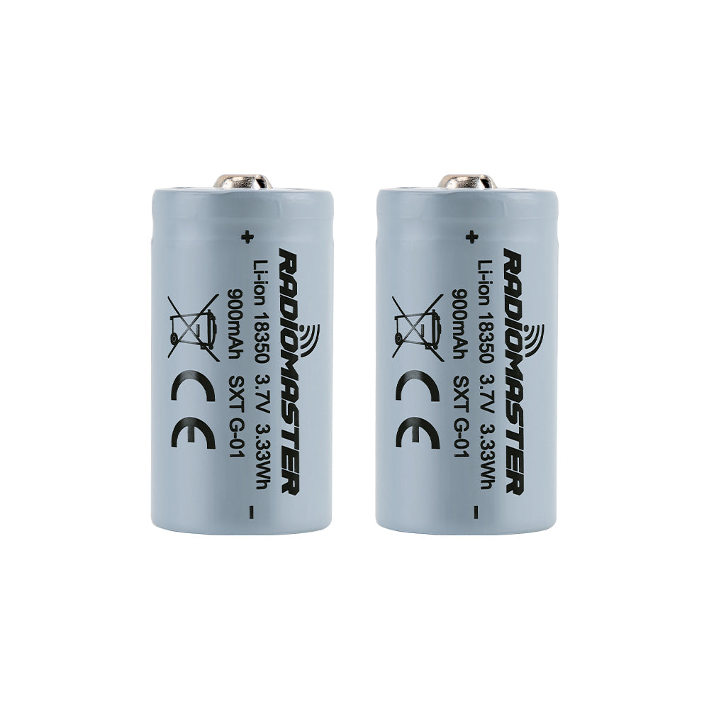 900mAh 3.7V Li-ion 18350 Battery cells (2-pack), RadioMaster, upright front view with label