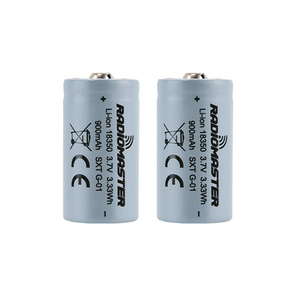 900mAh 3.7V Li-ion 18350 Battery cells (2-pack), RadioMaster, upright front view with label