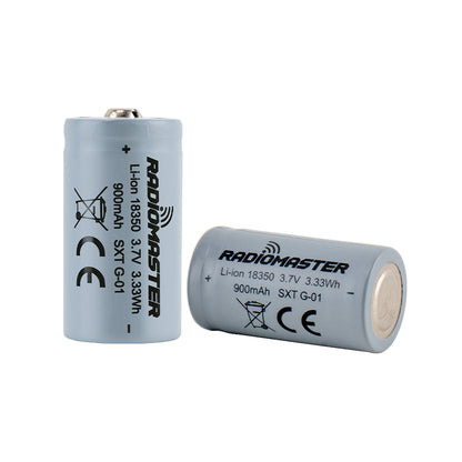 RadioMaster 18350 Li-ion batteries, one standing and one lying down to show side printing and base