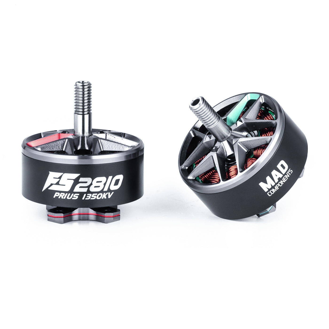 MAD Prius FS2810 V1.0 FPV Drone Motor, MAD Prius FS2810 brushless FPV drone motor with threaded 5mm shaft and 1350KV label, black housing