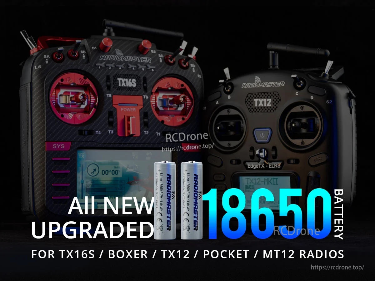 RadioMaster 18650 3200mAh 3.7V battery pair with TX16S and TX12 radio compatibility callout