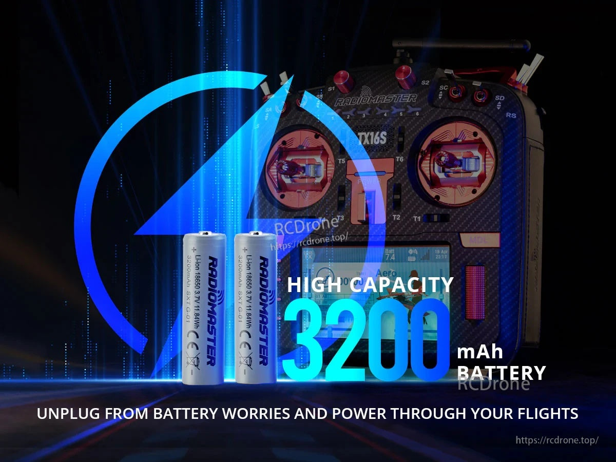 High-capacity 3200mAh RadioMaster 18650 3.7V cells (2-pack) highlighted for longer radio runtime