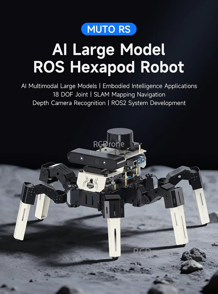Yahboom Muto RS 18DOF ROS2 hexapod robot on desktop, aluminum body with depth camera and Raspberry Pi mount