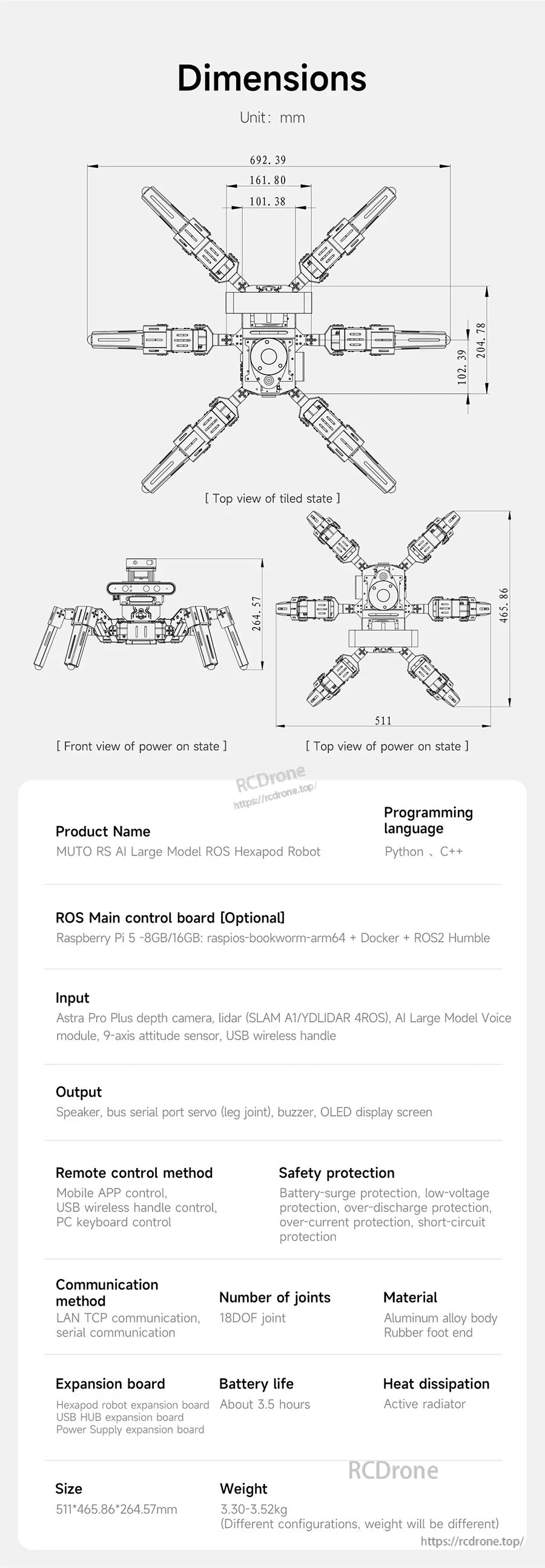 Dimension diagram in mm for Yahboom Muto RS ROS2 hexapod robot, showing top, front, side and bottom views