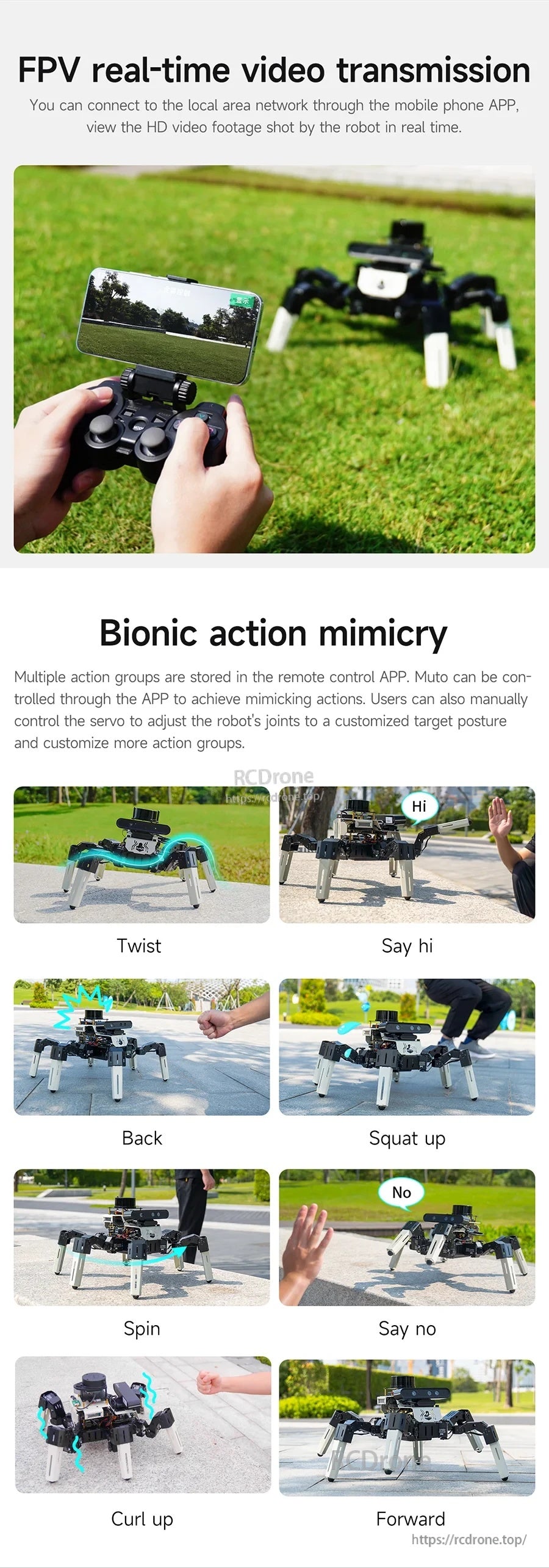 FPV real-time video transmission and bionic action mimicry examples such as twist, squat, spin, and gestures