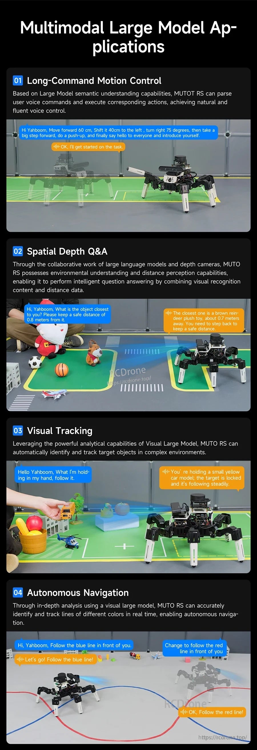 Multimodal large model applications poster showing motion control, spatial depth Q&A, visual tracking, and navigation