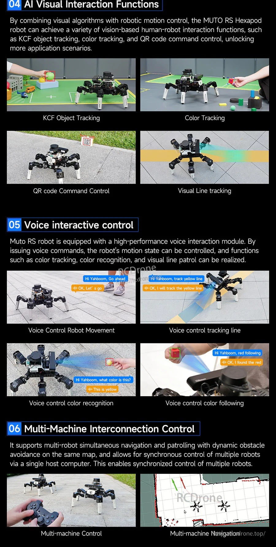 Visual and voice interaction functions: KCF tracking, color tracking, QR control, line following, and multi-robot control