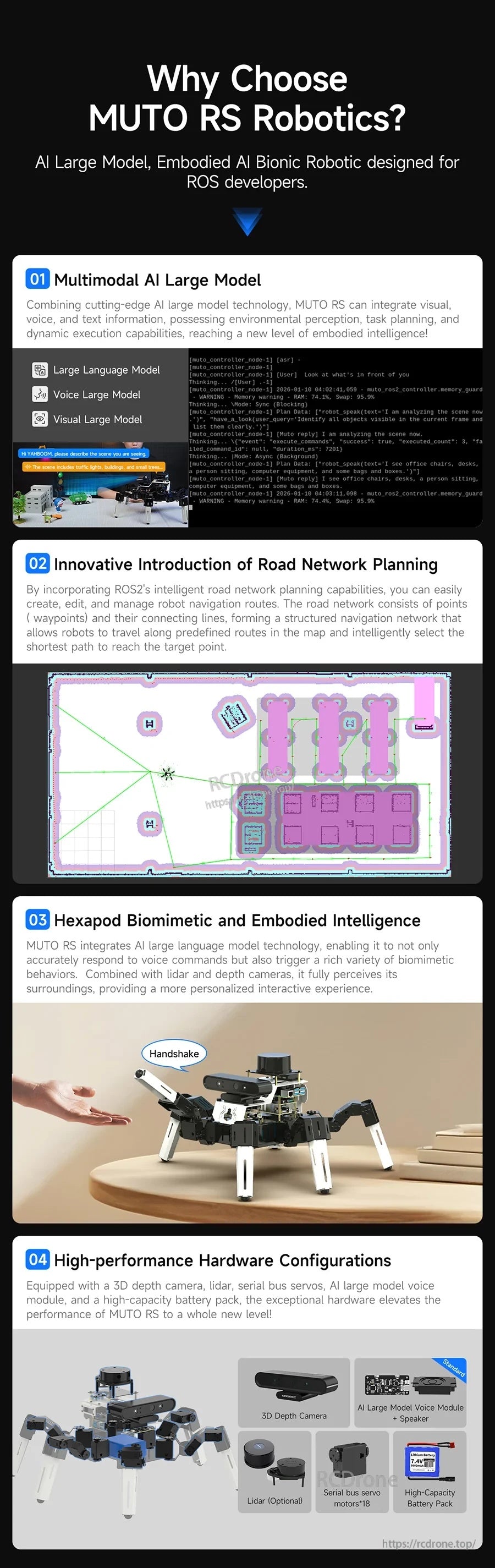 Reasons-to-choose infographic highlighting multimodal AI large model, road network planning, and hardware configuration