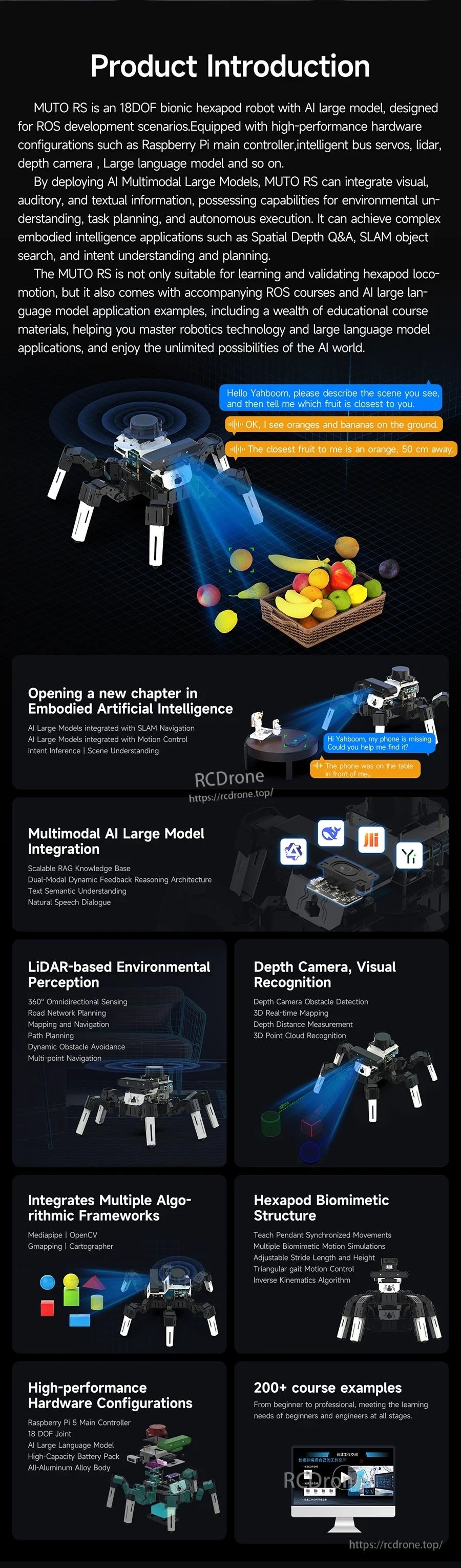 Product overview infographic for Muto RS: multimodal AI, SLAM navigation, LiDAR and depth camera functions