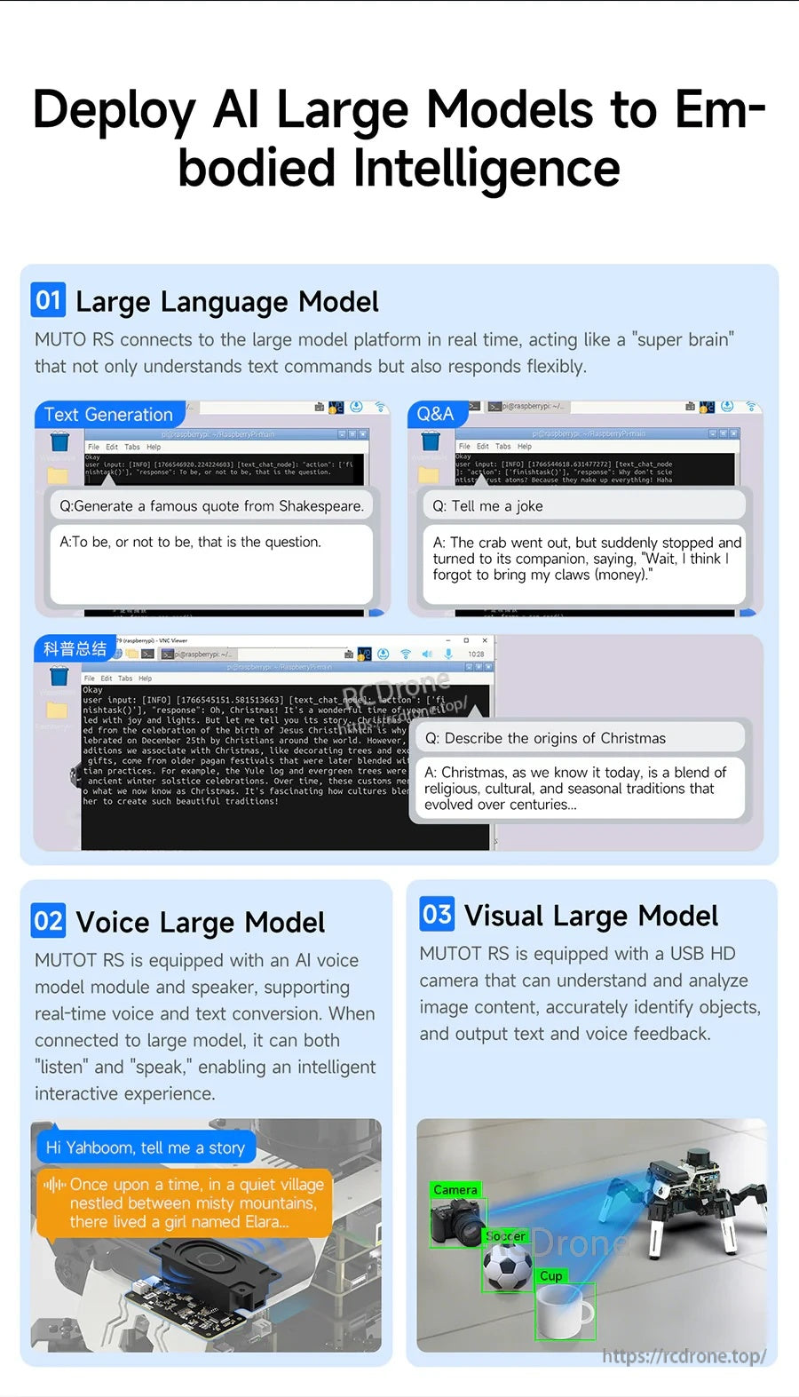 AI large model deployment panel: LLM text generation, voice interaction module, and visual model recognition examples