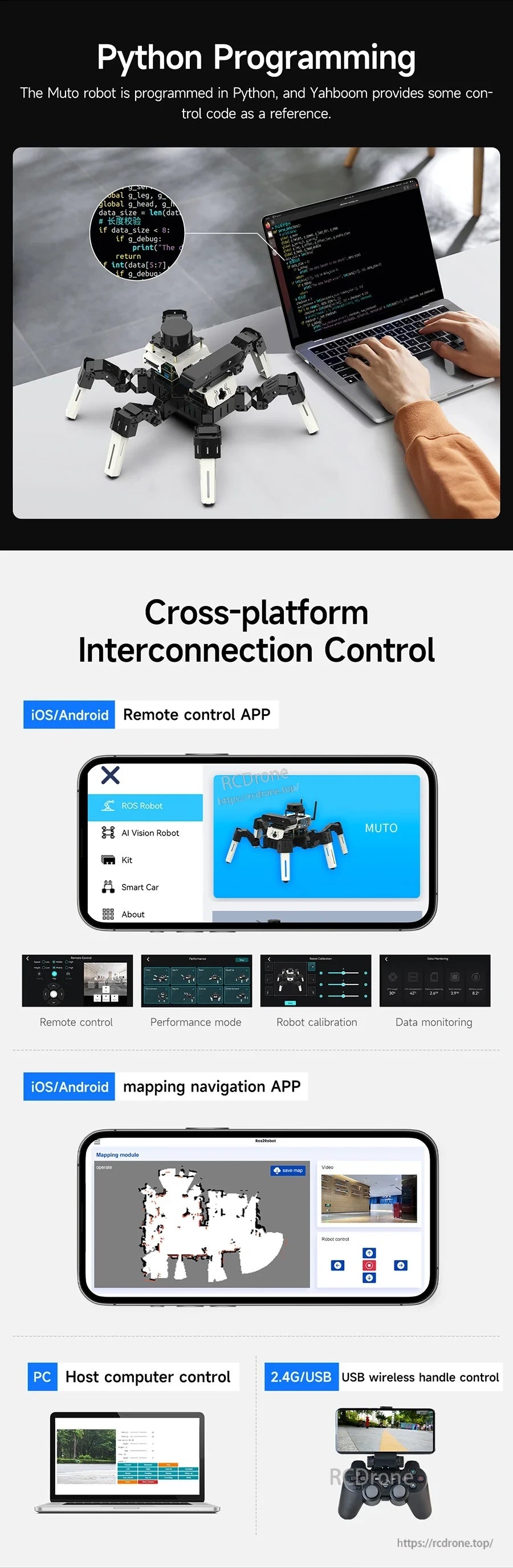 Python programming and cross-platform control options: mobile apps, PC host control, and wireless controller