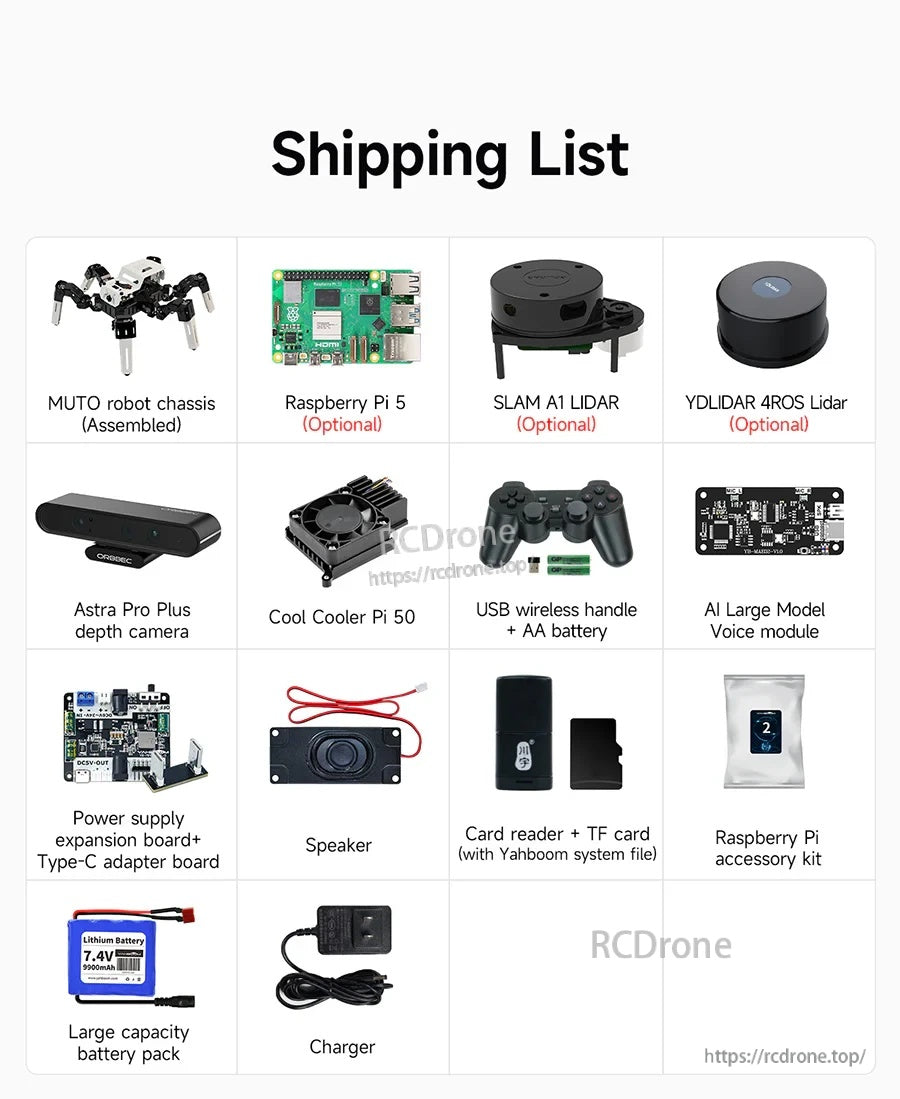 Shipping list for Yahboom Muto RS ROS2 hexapod kit, showing chassis, Raspberry Pi 5 option, lidar, camera and accessories