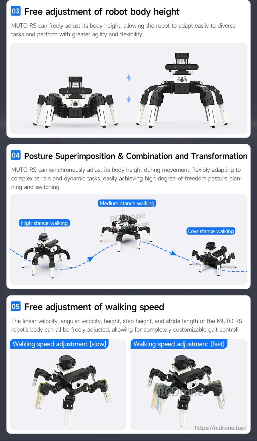 Body height adjustment and posture superimposition: high/medium/low stance walking plus speed adjustment panels
