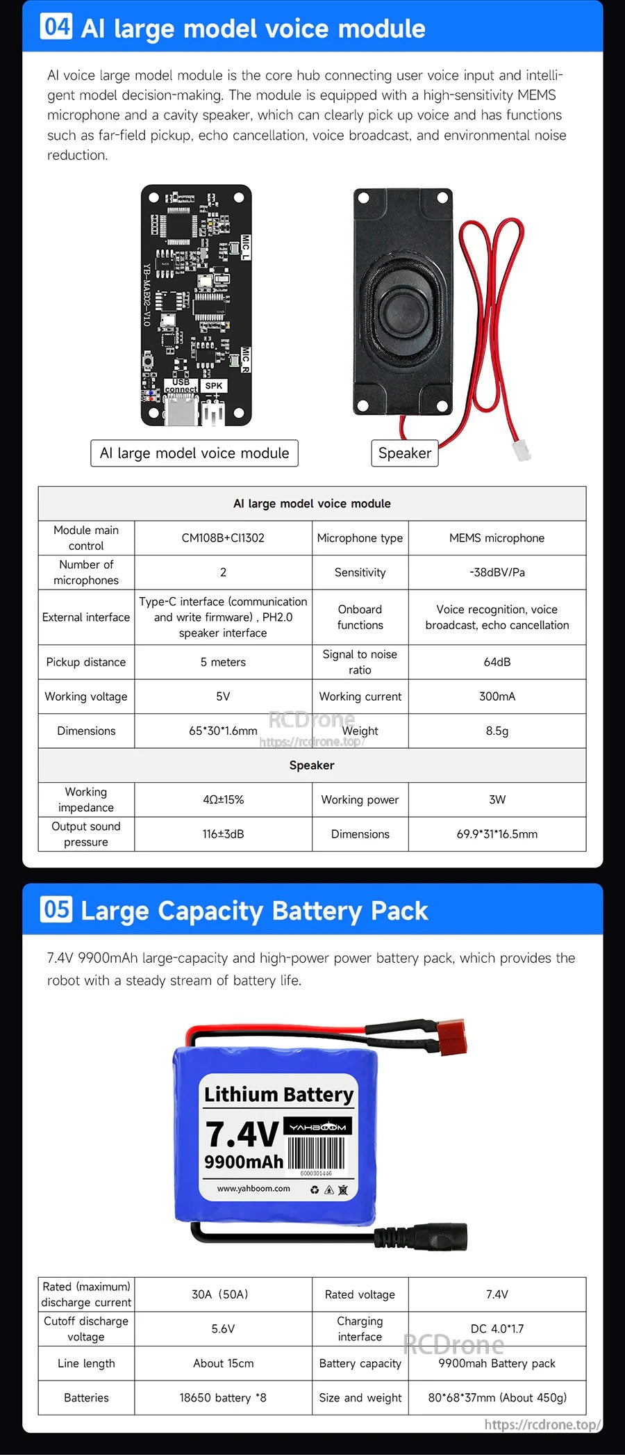 Yahboom Muto RS hexapod kit parts: AI voice module board with speaker and 7.4V 9900mAh lithium battery pack