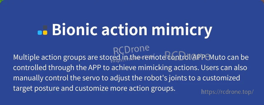 Bionic action mimicry banner describing app-based action groups and servo control for custom postures