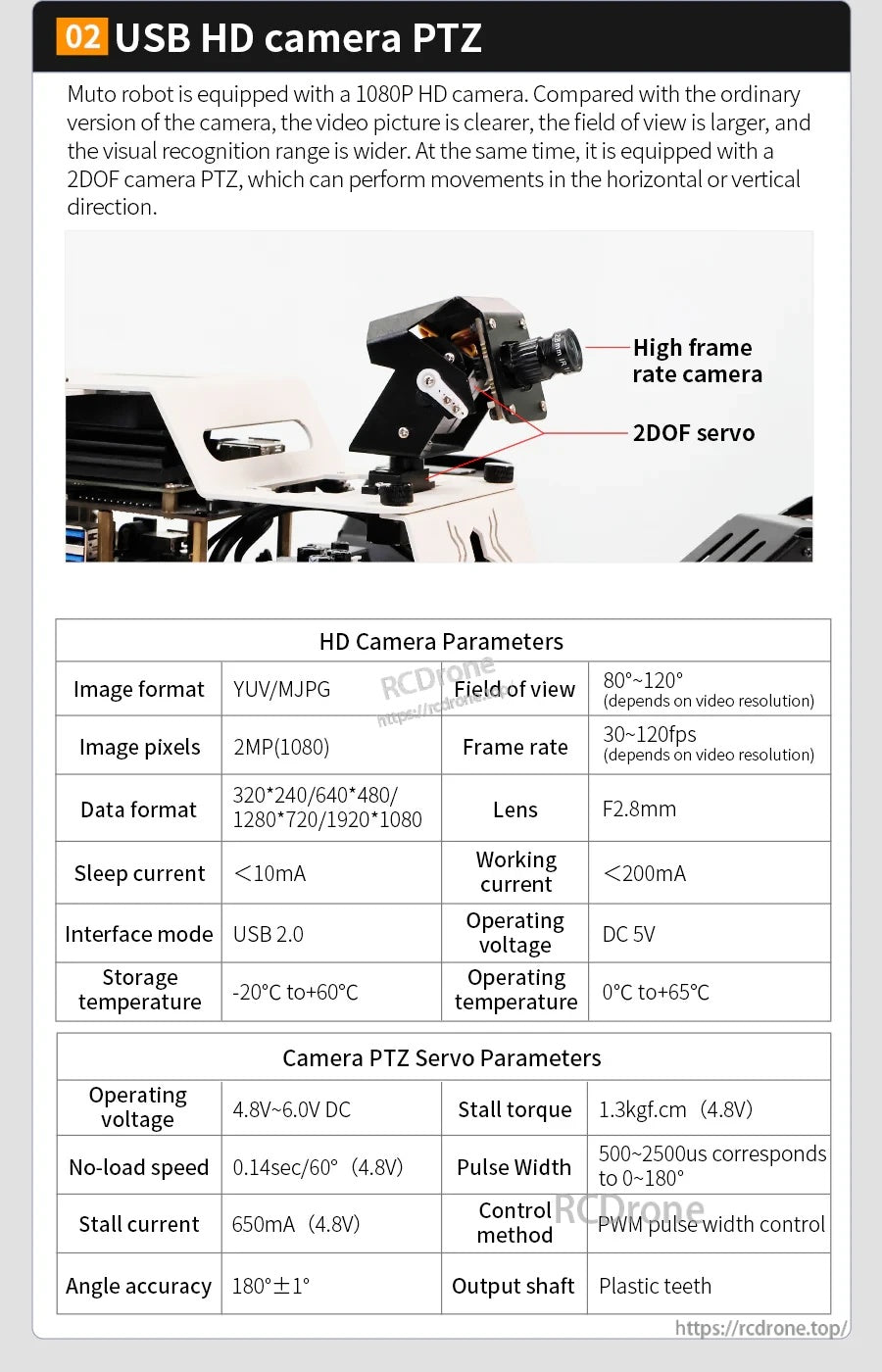 Yahboom Muto S2 hexapod robot USB HD 1080P camera PTZ module with 2DOF servo and camera parameters table