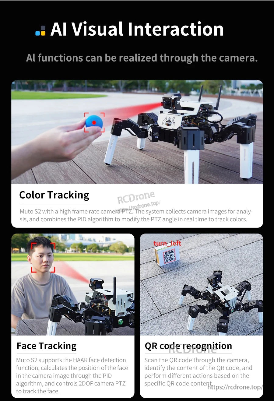 AI visual interaction panel for color tracking, face tracking (face blurred), and QR code recognition demos
