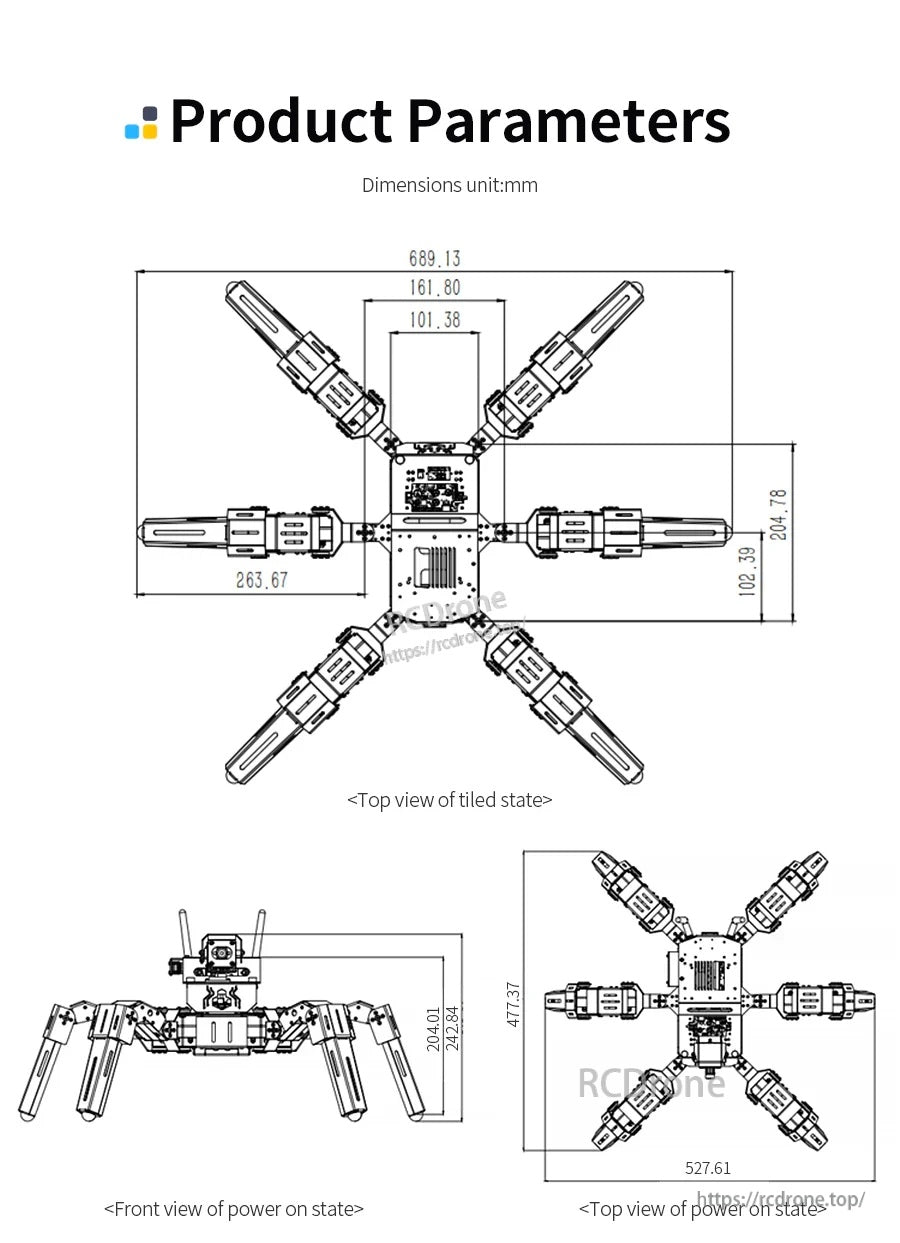 Yahboom Muto S2 hexapod robot dimension drawing with top and front views and labeled measurements in mm