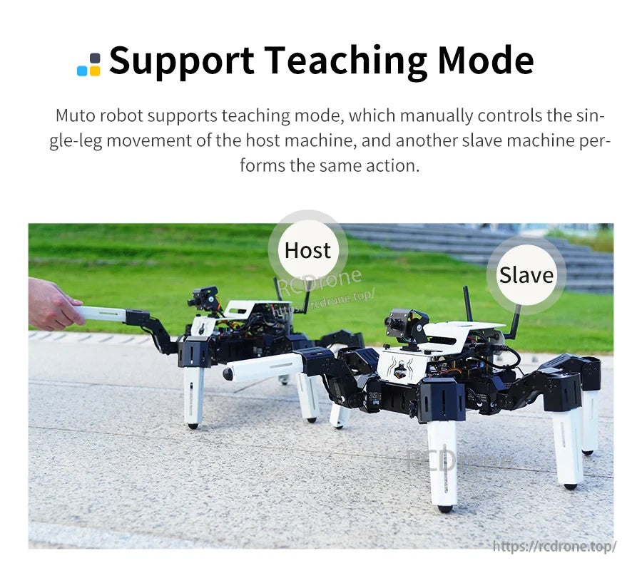 Teaching mode demo with two hexapod robots labeled host and slave mirroring a manually guided leg movement