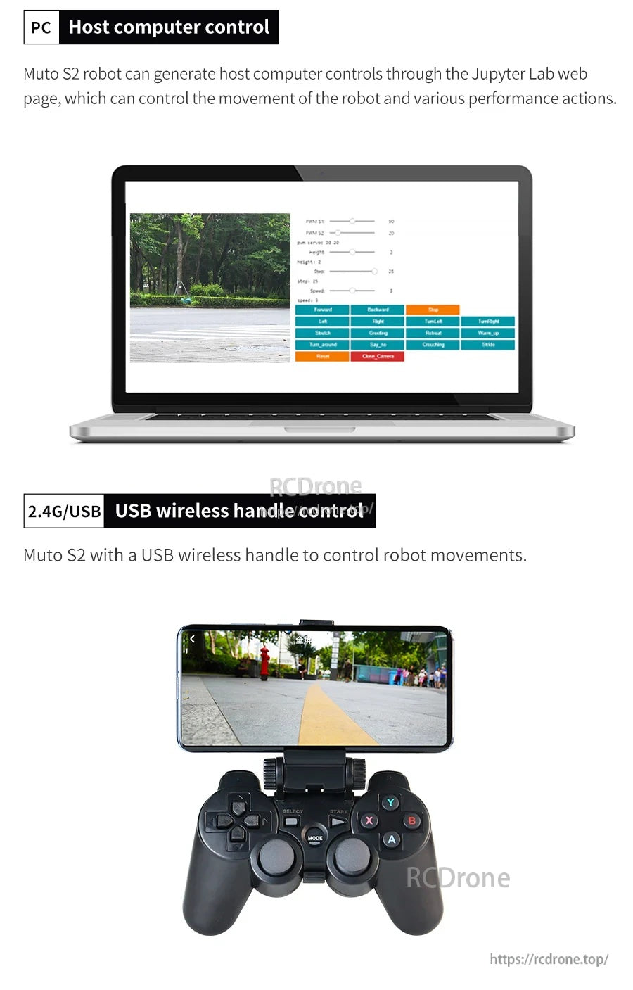 Yahboom Muto S2 hexapod control options showing PC web control screen and 2.4G/USB wireless gamepad